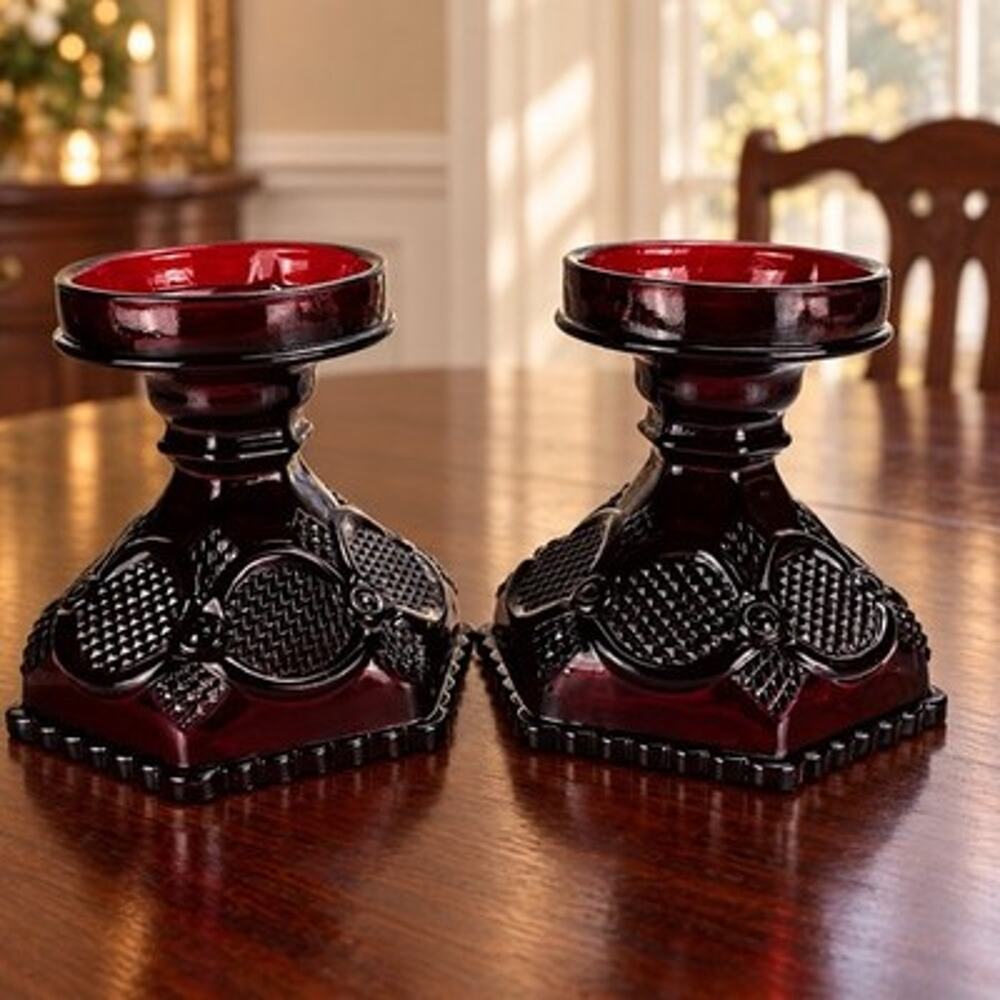 Vintage Avon 1876 Cape Cod Ruby Red Glass Hurricane Base/Candle Holders Set Of 2